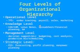 Four Levels of Organizational Hierarchy Operational Level –TPS: order tracking, payroll, sales, marketing Knowledge Level –CAD/CAM, Lotus Notes, spreadsheet/financial.