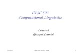 1/22/2016CPSC503 Winter 20081 CPSC 503 Computational Linguistics Lecture 8 Giuseppe Carenini.