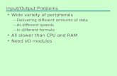 Input/Output Problems Wide variety of peripherals —Delivering different amounts of data —At different speeds —In different formats All slower than CPU.