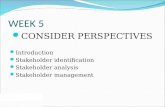 WEEK 5 CONSIDER PERSPECTIVES Introduction Stakeholder identification Stakeholder analysis Stakeholder management.