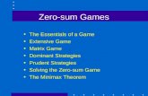 Zero-sum Games The Essentials of a Game Extensive Game Matrix Game Dominant Strategies Prudent Strategies Solving the Zero-sum Game The Minimax Theorem.