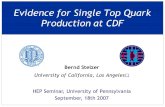 Evidence for Single Top Quark Production at CDF Bernd Stelzer University of California, Los Angeles HEP Seminar, University of Pennsylvania September,