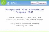 Sarah Verbiest, DrPH, MSW, MPH Center for Maternal and Infant Health Every Woman Southeast Webinar February 10, 2011 Postpartum Plus Prevention Program.
