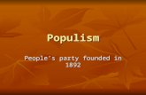 Populism People’s party founded in 1892. Late 1800s= Trouble for farmers High debt High debt Purchase of expensive equipment Purchase of expensive equipment.