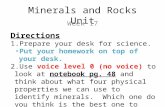 Minerals and Rocks Unit Week 17 Directions 1.Prepare your desk for science. Put your homework on top of your desk. 2.Use voice level 0 (no voice) to look.