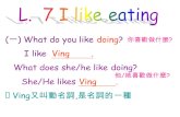 ( 一 ) What do you like doing? I like Ving. What does she/he like doing? She/He likes Ving. ※ Ving 又叫動名詞, 是名詞的一種 你喜歡做什麼 ? 他 / 她喜歡做什麼
