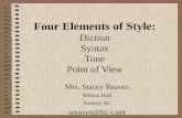 Four Elements of Style: Diction Syntax Tone Point of View Mrs. Stacey Reaves Wilson Hall Sumter, SC