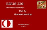 EDUS 220 Educational Psychology Dean Owen, Ph.D., LPCC Spring 2011 Unit 5: Human Learning.