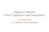 Algebra 2 Honors Unit I: Equations and Inequalities 1.6- Inequalities 1.7- Absolute Value Equations.