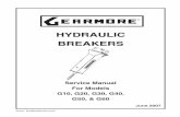 HYDRAULIC BREAKERS - Gearmore, Inc. - · PDF fileIMPORTANT SAFETY INFORMATION WHEN USING OUR HYDRAULIC BREAKERS 1. ... Breaker Operating Required Oil Blows Per Nitrogen Overall Overall