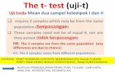 The t- test (uji-t) - Bank Sel · PDF fileThe t- test (uji-t) Uji beda Mean dua sampel kelompok I dan II require 2 samples which may be from the same population.(berpasangan) These