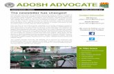 ADOSH ADVOCATE ADVOCATE In This Issue OSHA/ADOSH Standards Update Best Practices Ways to Partner with ADOSH Training Calendar Industry Leaders for Safety Fatality Update Hazards out
