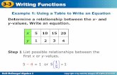 3-3 Writing Functions - Quia McDougal Algebra 1 3-3 Writing Functions Example 1: Using a Table to Write an Equation Determine a relationship between the x- and y-values.Write an equation.