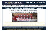AUCTIONS - Roberts Ltd | Tasmania's Agri-Business & Real ... · AUCTIONS 418 Evandale Road, Western Junction, TAS, ... 21 CALTEX OIL BOTTLES & STAND $ ... 304 GOLDEN FLEECE CAN $