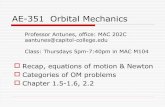 AE-351 Orbital Mechanics - Ghost Libraryghostlibrary.com/capitol/ae351/ae351_class2.pdf · AE-351 Orbital Mechanics ... Homework, review Chapter 1: 1.3, 1.5 ... Ignoring orbital movement,