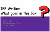 IEP Writing - What goes in this box · IEP Writing - What goes in this box Deanna Cross ... ue to the student’s disabilities which include own ... classwork and tests. he struggles