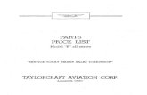 PARTS 'PRICE, ' LIST - Taylorcraft parts and price list B.pdf · r ( PARTS PRICE LIST Model "B" All Series - Please Note - When Ordering Always Specify The Following 1. Airplane NC
