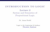 INTRODUCTION TO LOGIC Lecture 2 Syntax and · PDF fileINTRODUCTION TO LOGIC Lecture 2 Syntax and Semantics of Propositional Logic. Dr.JamesStudd Logicisthebeginningofwisdom. ThomasAquinas