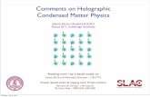 Comments on Holographic Condensed Matter Physics · Comments on Holographic Condensed Matter Physics Anything novel I say is based mostly on: Jensen, ... Torroba - 1107.xxxx (?) SK,