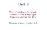 Unit 7 - PowerPoint · Unit 9 More Pushdown Automata Context-free Languages Pumping Lemma for CFL Reading: Sipser, chapter 2.3. 2 Properties of PDAs •An NFA can only distinguish