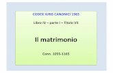 CODEX&IURIS&CANONICI&1983& LibroIV –parteI& –TitoloVII& · Elemenessenzialididiriomatrimonialecanonico • DESCRIZIONE’DEL’MATRIMONIO’’ Can."1055"!"Il"PATTO%MATRIMONIALE%con"cui"