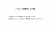 IPv6 Addressingclassify as multicast because it always begins with FF. Multicast addresses cannot be used as source addresses. multicast addressing uses a one-to-many association,