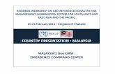 COUNTRY PRESENTATION : MALAYSIADisaster Management Division, National Security Council, Level G and LG Perdana Putra Building 60250 Putrajaya, Malaysia E-MAIL : k_hilmi@mkn.gov.my