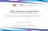 APA Referencing Stylelibrary.inti.edu.my/iickllibrary/custom/citation guide/APA.pdf · When using APA format, follow the author-date method of in-text citation. This means that the