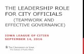 THE LEADERSHIP ROLE FOR CITY OFFICIALS · 2016-09-01 · THE LEADERSHIP ROLE FOR CITY OFFICIALS (TEAMWORK AND EFFECTIVE GOVERNANCE) IOWA LEAGUE OF CITIES ... • CIP • Annual Work