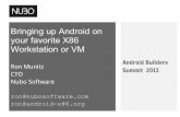 Bringing up Android on your favorite X86 …...Bringing up Android on your favorite X86 Workstation or VM Ron Munitz CTO Nubo Software ron@nubosoftware.com ron@android-x86.org Android
