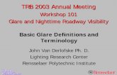Workshop 101 Glare and Nighttime Roadway Visibility · New Glare Nomenclature (J. J. Vos)!New glare terms to distinguish three dimensions – Temporal, spatial, intensity!These are: