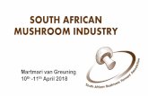 SOUTH AFRICAN MUSHROOM INDUSTRY · 2018-04-13 · MUSHROOM INDUSTRY Martmari van Greuning 10th-11th April 2018 . INDUSTRY STATS •Mainly Agaricus (white button & brown); 8-10% speciality