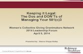 Keeping it Legal: The Dos and DON’Ts of Managing Your …...Keeping it Legal: The Dos and DON’Ts of Managing Your 501(c)3 ... – Royalties 11 . ... Forms 1023 and 990 • “Widely