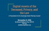 Digital Assets of the Deceased, Privacy, and the Law · 2018-04-13 · EFFECTIVE JANUARY 1, 2017 CALIFORNIA PROBATE CODE, Part 20, Section 870, et. seq. • Authorizes a decedent’s