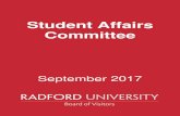 Student Affairs Committee - Radford University · 2020-03-05 · RADFORD UNIVERSITY BOARD OF VISITORS STUDENT AFFAIRS COMMITTEE 2:40 P.M.** SEPTEMBER 14, 2017 SECOND FLOOR CONFERENCE