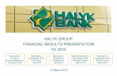 Halyk Bank's Presentation · FINANCIAL RESULTS PRESENTATION YE 2010 15 March 2011 Best Bank in Kazakhstan 2010, Global Finance, March 2010 Best Bank in ... ¾“Best Employer in Two