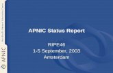 APNIC Status ReportPolicy Update from APNIC16.. • Prop-005-v001: RIPE-261 follow up – Practice of sparse allocations (for APNIC) – Regional allocations – Larger allocation