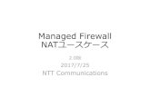 Managed Firewall NATユースケースUse Case 1 送信先NAT（ポート変換無し） Single HA 80 送信元 送信先 送信元 送信先 Managed Firewall Client WebServer01 all