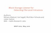 Block Storage Listener for Detecting File-Level IntrusionsAuthors: Miriam Allalouf, Itai Segall, Muli Ben-Yehuda and Julian Satran IBM –Haifa Research Labs MSST 2010, May, 2010 Block