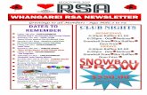 WHANGAREI RSA NEWSLETTER · 10/18/2019  · Snowball $700 $2 Raffles / Door Prize Entertainment Nostalgia’ Nov 9 Open 12 Noon – Closing Nov 10 Open 2pm - 6pm Bistro - Lunch &