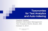 Taxonomies for Text Analytics and Auto-Indexing · Taxonomy ! A controlled vocabulary with internal structure. ! Terms are grouped or have hierarchical relationships. ! Emphasizes