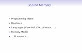 Shared Memory · OpenMP rule: shared objects must be made available to all threads at synchronization points (relaxed consistency model) Between synch., may keep values in local cache,