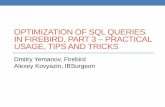 Optimizing SQL queries, part 3: Tips and Tricks · USAGE, TIPS AND TRICKS Dmitry Yemanov, Firebird Alexey Kovyazin, IBSurgeon. Firebird Conference 2019 Berlin, 17-19 October. How