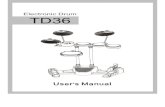 Electronic Drum TD36 - musician.ua...Panel Controls Top Panel 1 2 5 Rear Panel 8 9 CONNECT TO BASE RIDE CRASH HI-HAT Back Panel of bottom case 3 4 6 7 10 SNARE USB AUX IN PHONES Panel