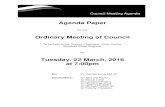 22 March 2016 Council Meeting Agenda without confidential · Tuesday, 22 March, 2016 at 7:00pm Cr: Cr James Long BM JP Councillors: Cr Alex del Porto Cr Bruce Lowe Cr Laurence Evans