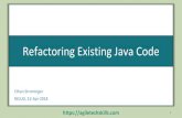 Refactoring Existing Java Code · 1. Define strategy 2. Evaluate static code analysis 3. Evaluate and write tests 4. Check code coverage 5. Refactor 6. Add feature and/or fix bugs