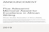 ANNOUNCEMENT Pius Adesanmi Memorial Award for Excellence … · 2019. 10. 18. · published. Kagiso lives in Ottawa and knew and worked with Professor Adesanmi, which for the judges