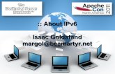 :: About IPv6 Issac Goldstand margol@beamartyrarchive.apachecon.com/na2011/presentations/11...fe80 BLAH •Link-local prefix – similar to 10./192.168./etc in IPv4 (but NOT the same)