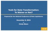 Tools for State Transformation: To Waiver or Not?...2015/12/08  · offered through the Exchange. 2 Comprehensive Coverage The waiver must provide “coverage and cost sharing protections
