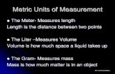 Metric Units of Measurement · Metric Units of Measurement ⚫The Meter- Measures length Length is the distance between two points ⚫The Liter –Measures Volume Volume is how much